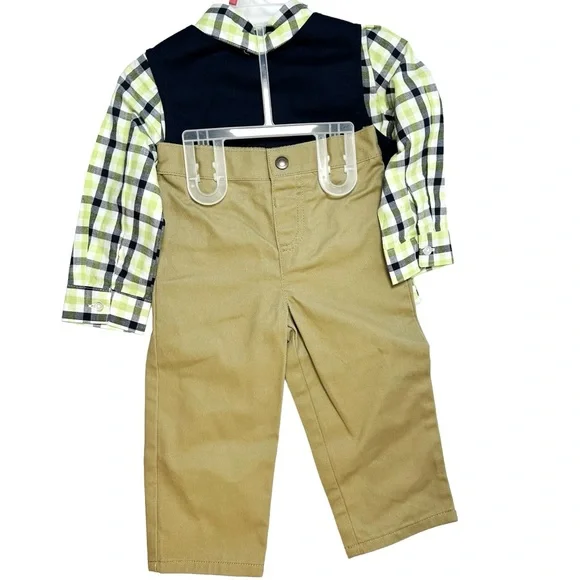 Infant Boys Blue & Green Plaid 3 Piece Dress Up Vest Outfit with Khaki Pants 18M - Picture 2 of 3